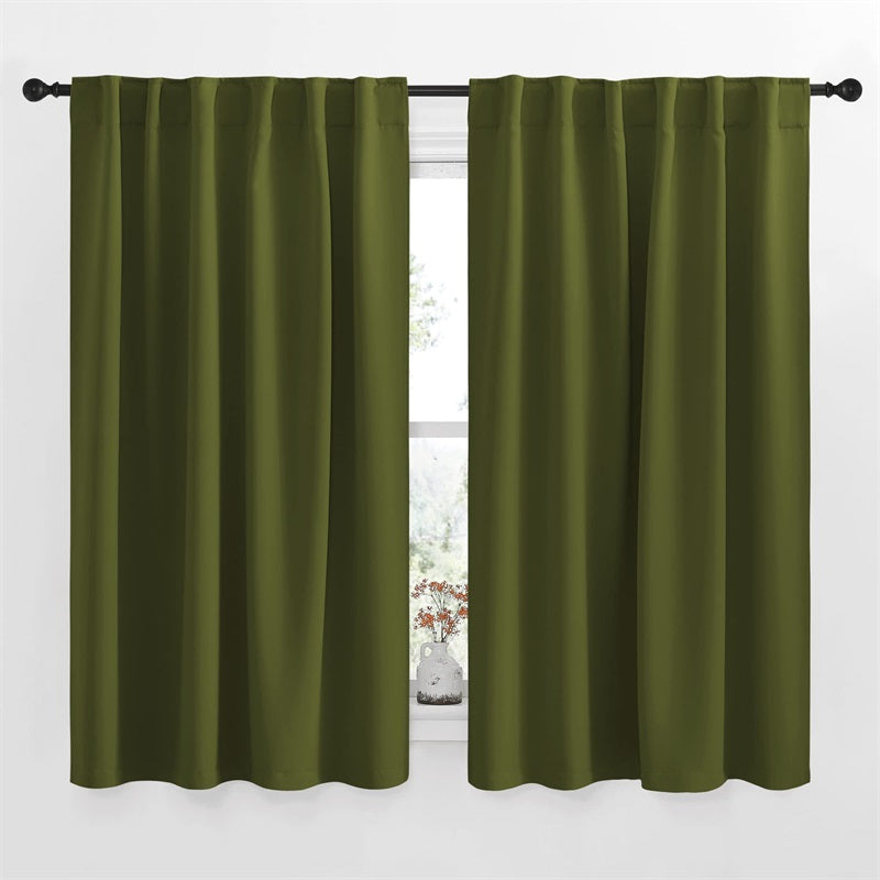 Two olive green rod pocket blackout curtains for living room or bedroom, hanging on a black rod, with a subtle window view.