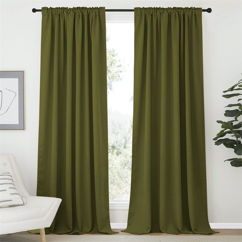 Two olive green 52-inch rod pocket blackout curtain panels for a living room or bedroom window.