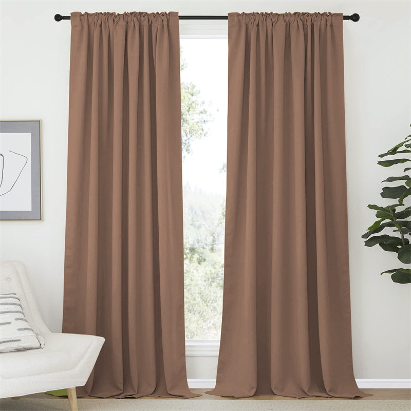 Pair of 52-inch brown rod pocket & back tab blackout curtains for living room or bedroom, enhancing window privacy and light control.