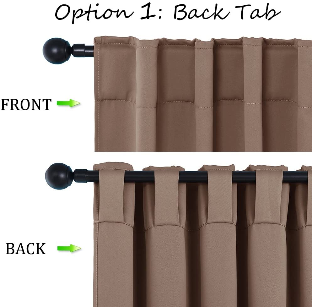 Brown blackout curtain showing both rod pocket and back tab hanging styles for versatile living room and bedroom use.