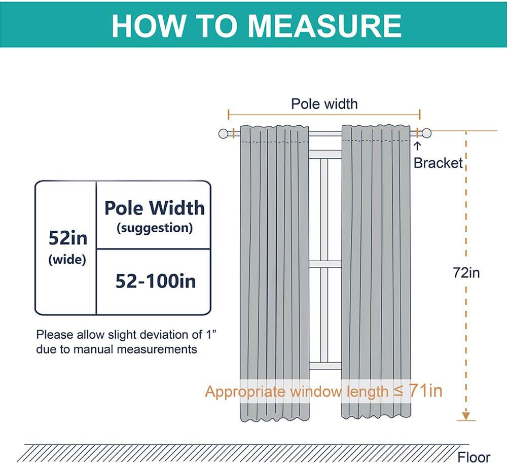 Instructional guide for 52-inch wide rod pocket & back tab blackout curtains, showing pole width (52-100in) and window length (<=71in).