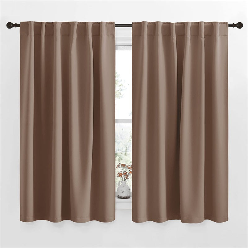 Solid brown 2 panel polyester blackout curtains with rod pocket & back tab headers for living room & bedroom privacy