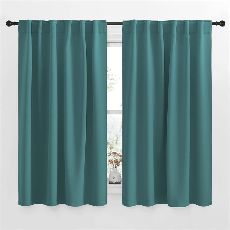 Teal rod pocket & back tab blackout curtains (52-inch width, 2 panels) for living room or bedroom.