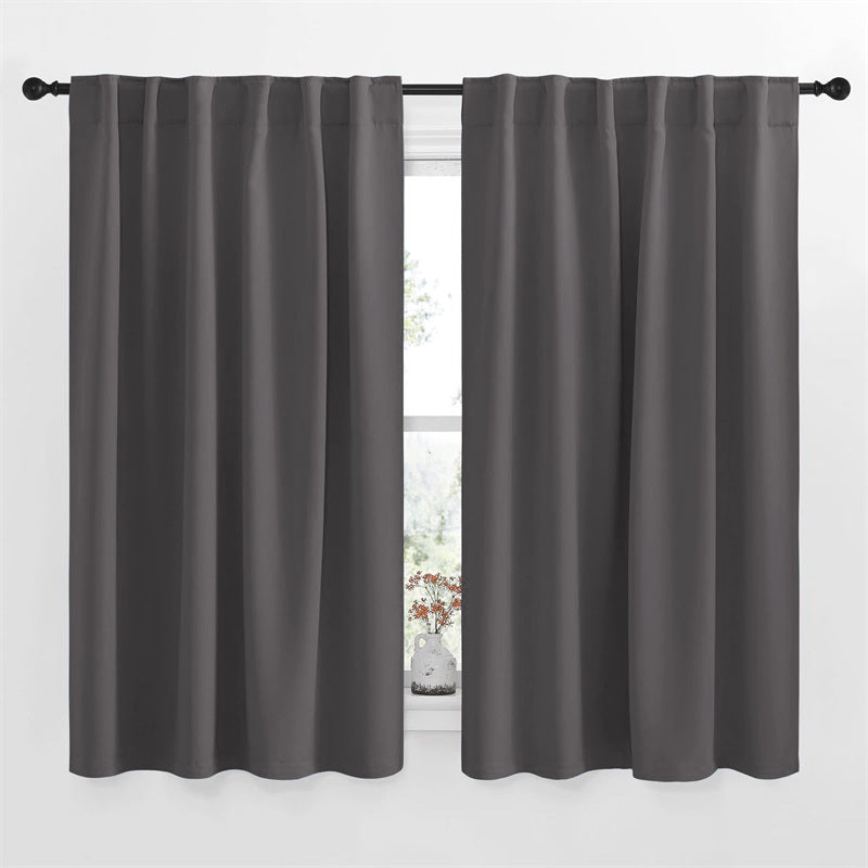Pair of dark gray 52-inch blackout curtains with rod pocket style, ideal for living room & bedroom.