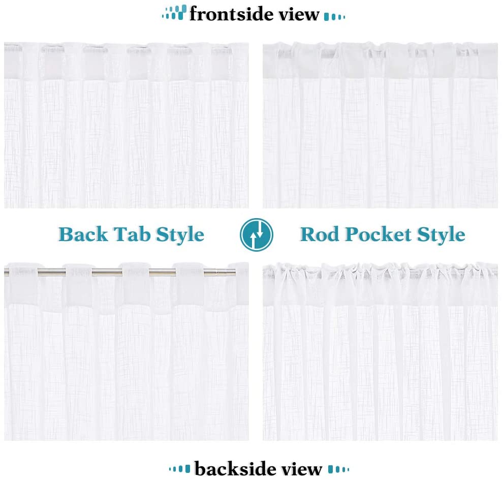 Detailed views of white sheer linen privacy curtains, showcasing rod pocket and back tab hanging styles from front & back.