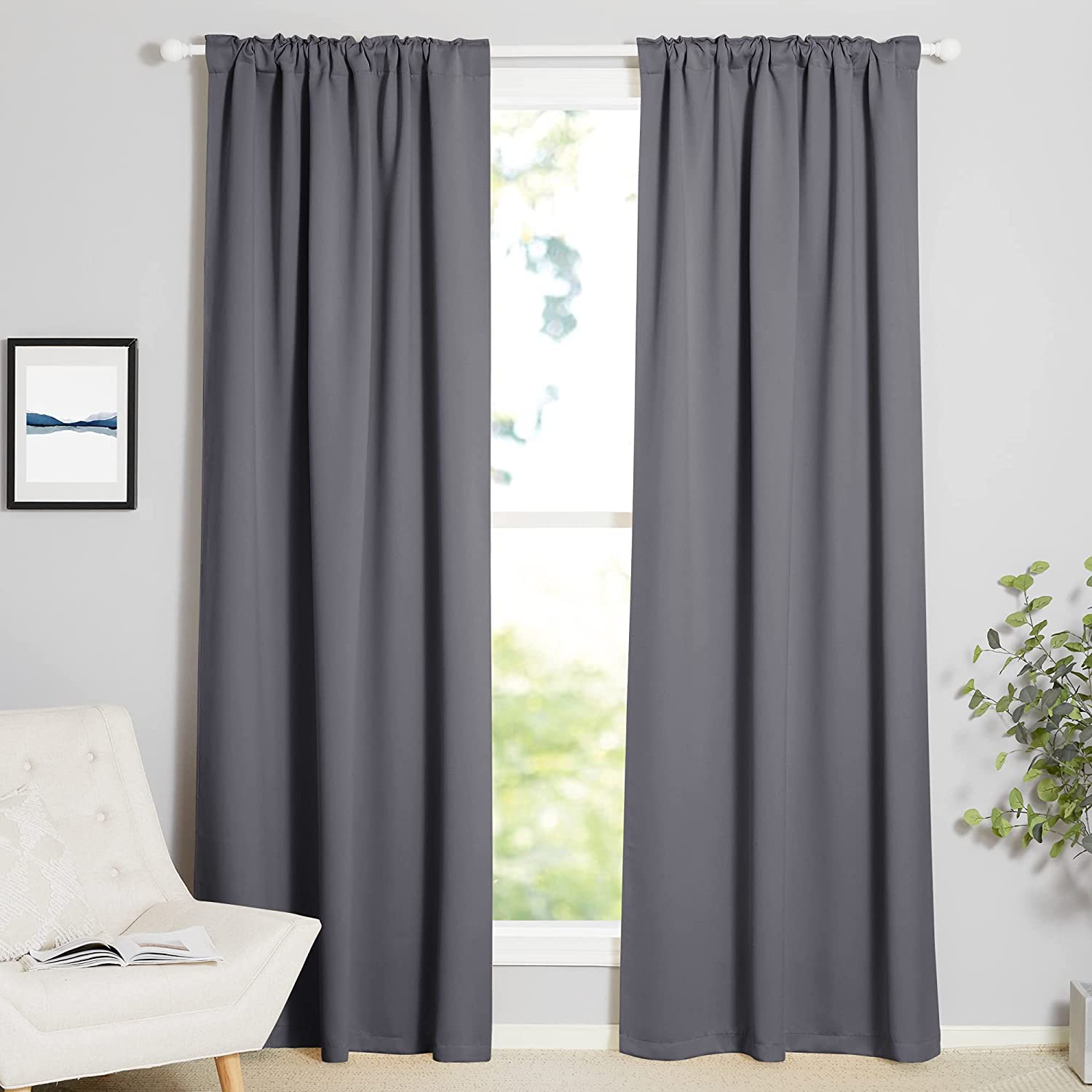 Modern dark gray 70-inch rod pocket & back tab thermal insulated blackout curtain panels for living room/bedroom.