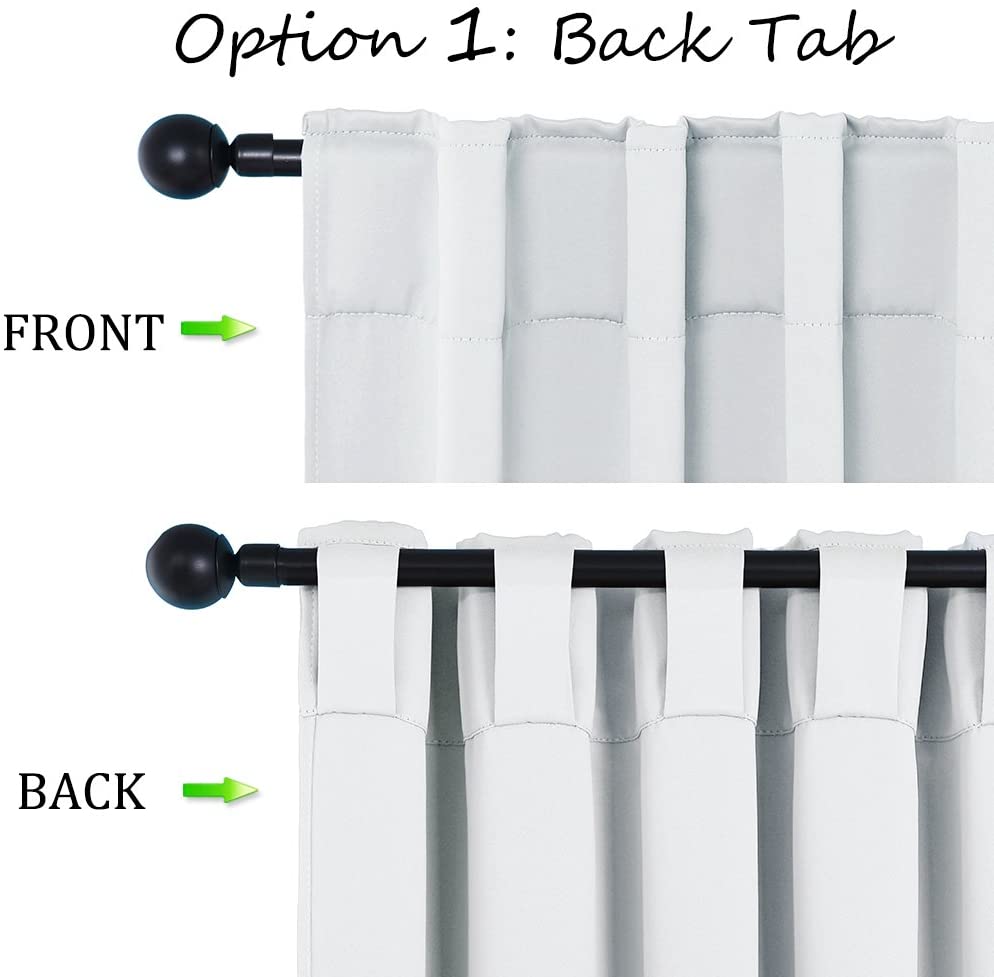 White thermal blackout curtains. Option 1: Back Tab hanging style, showing neat front pleats and rod through fabric loops on back.
