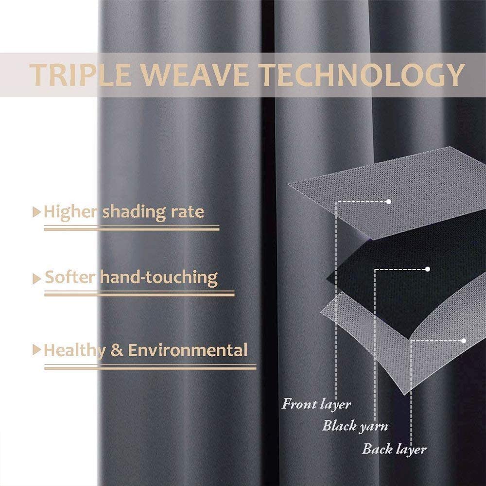 Triple weave blackout curtain technology diagram with black yarn layer, illustrating thermal insulation for high shading.