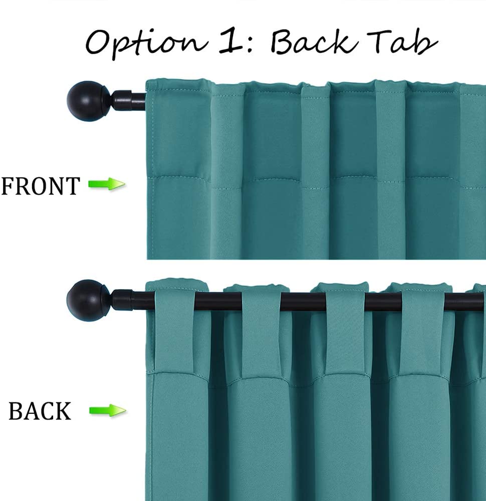 Teal thermal blackout curtain with back tab hanging. Shows front (rod pocket style) & back tabs, perfect for living room, bedroom.