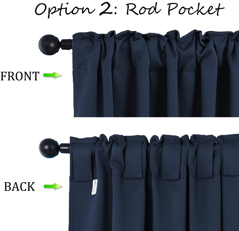 Navy blue thermal insulated blackout curtains: front view demonstrates rod pocket hanging; back view shows versatile back tab style.