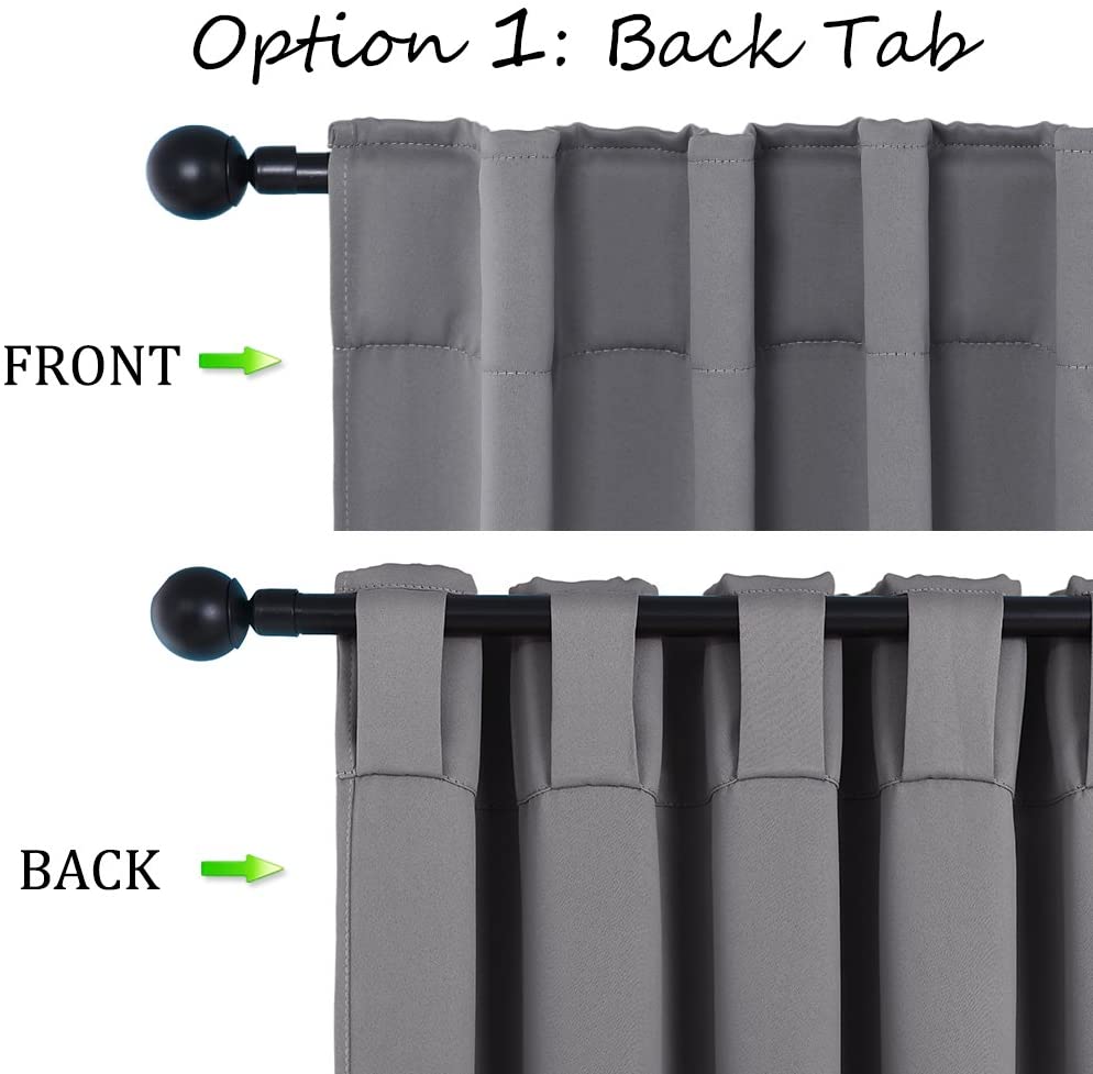 Grey thermal insulated blackout curtain displaying front rod pocket style (top) and back tab hanging method (bottom).