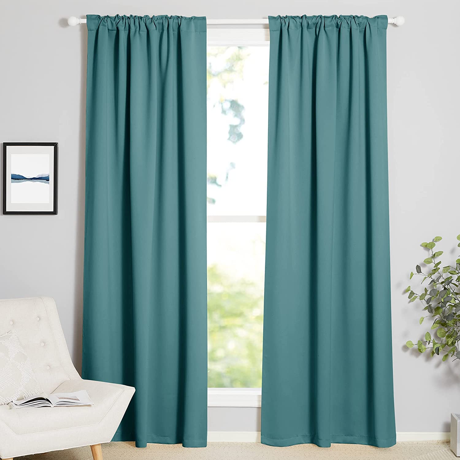 Dark aqua thermal insulated blackout curtains (70-inch, 2 panels) with rod pocket & back tab style for living room and bedroom