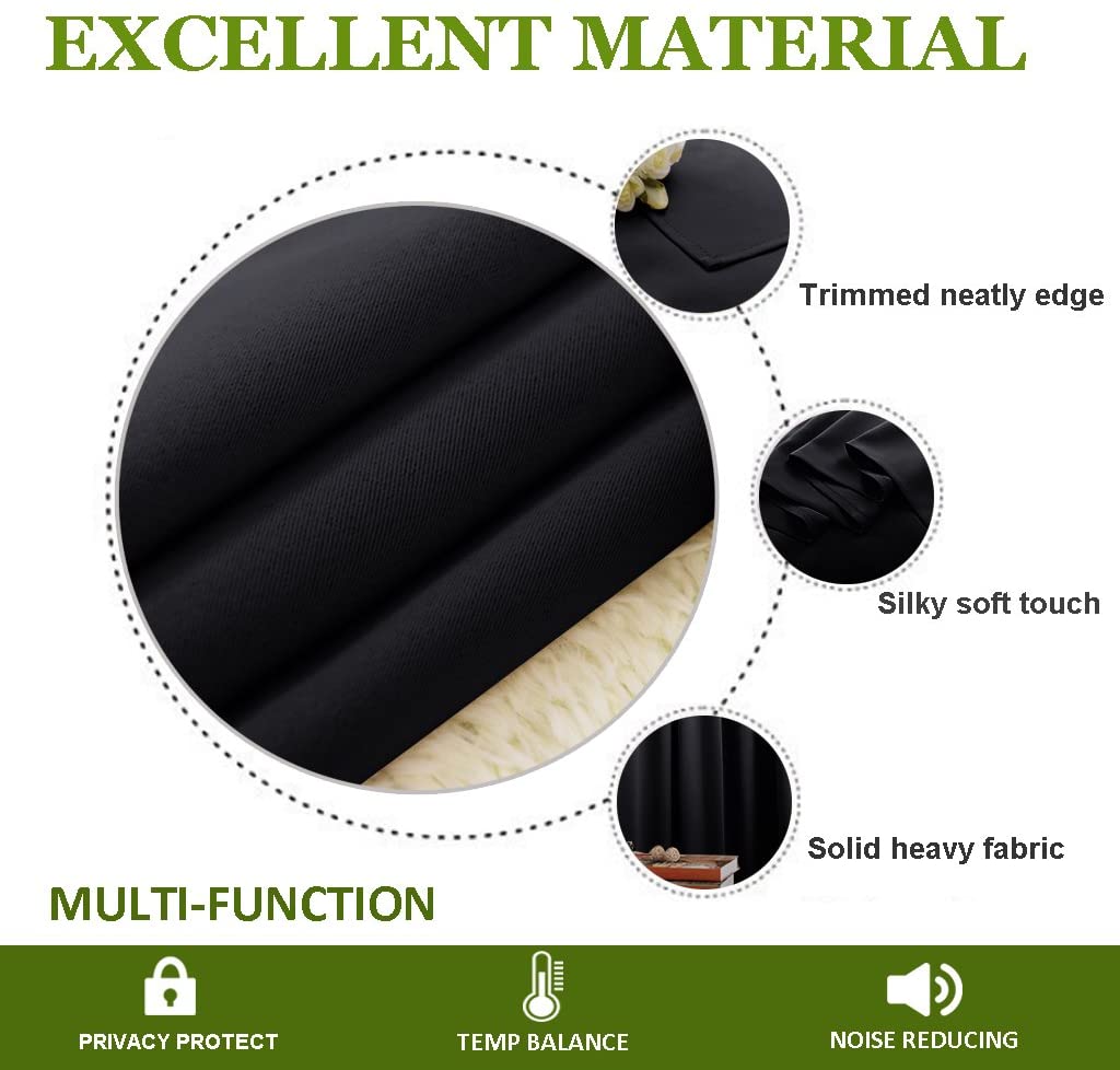 Black thermal insulated blackout curtain fabric with neat edge, soft touch, heavy material. Delivers privacy, temp balance, and noise reduction for living & bedrooms.