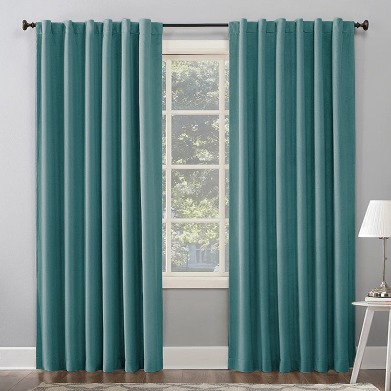 70-inch teal thermal insulated blackout curtains, 2 panels, with rod pocket & back tab style for living room.