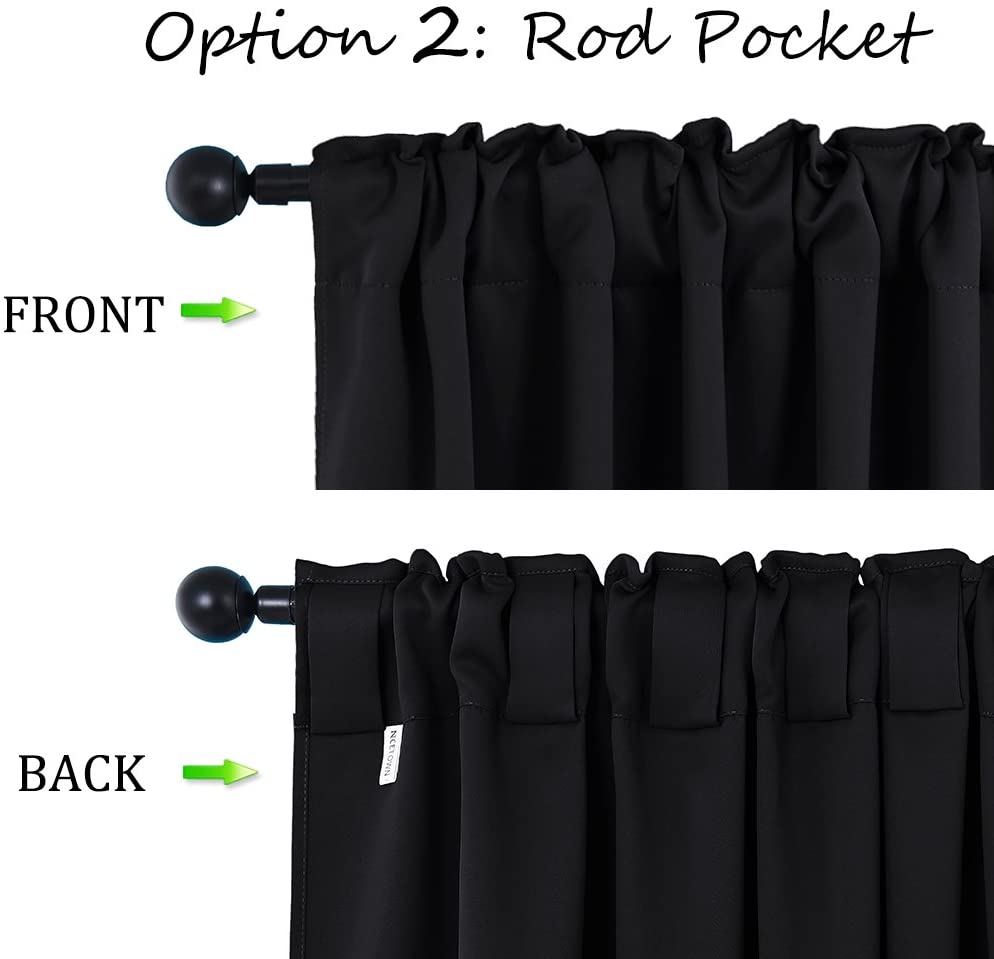Blackout curtain's rod pocket top, showing front and back views for easy installation. Ideal thermal insulated panels for living room, bedroom.