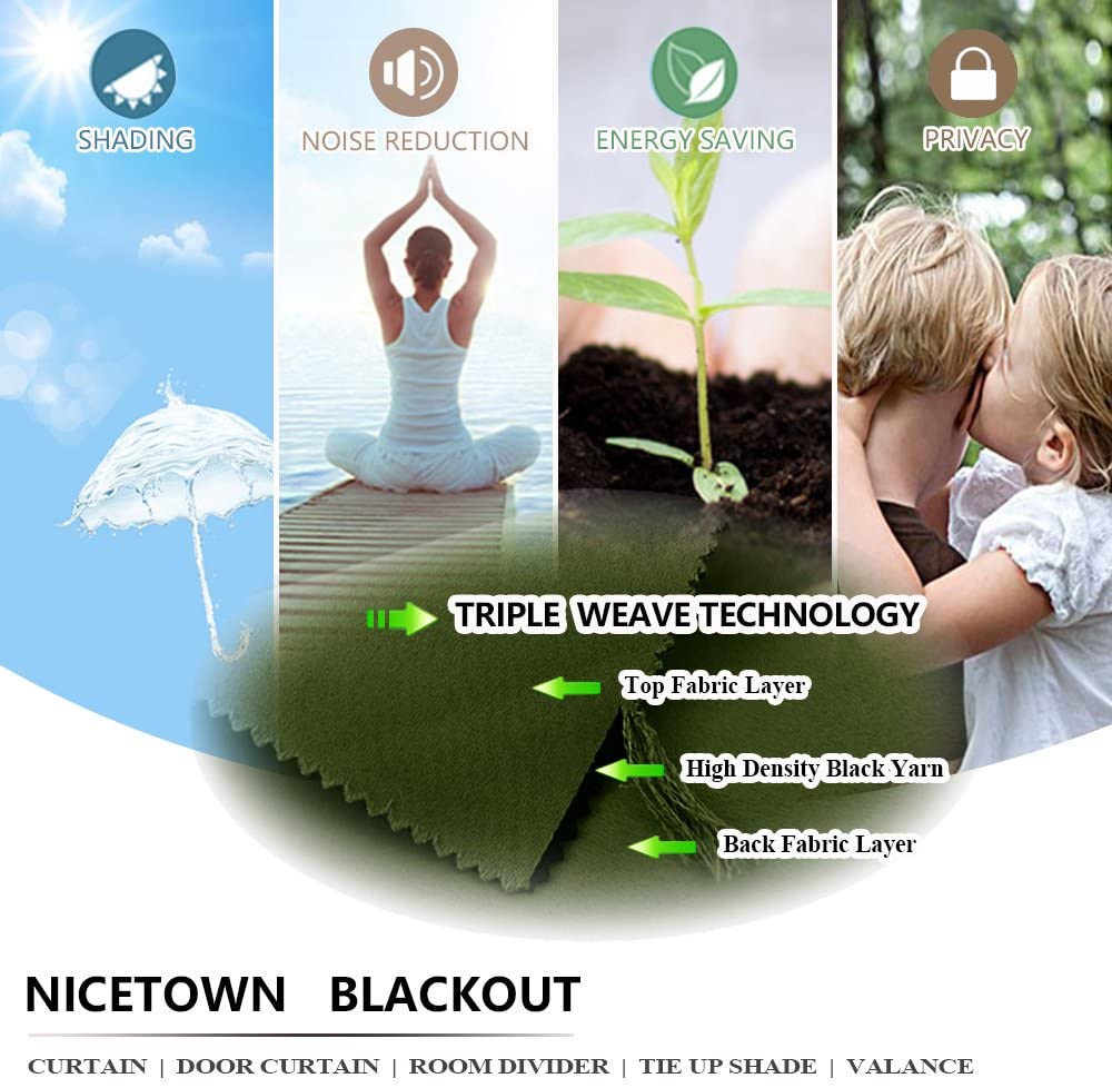 Blackout curtain benefits: shading, noise reduction, energy saving, privacy. Triple weave fabric construction: top, black yarn, back layer.