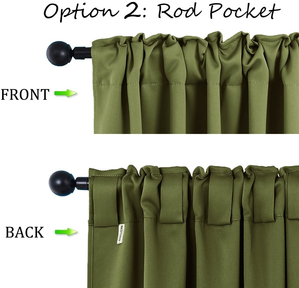 Close-up of olive green thermal insulated blackout curtain. Front view shows rod pocket; back view reveals hidden back tabs.