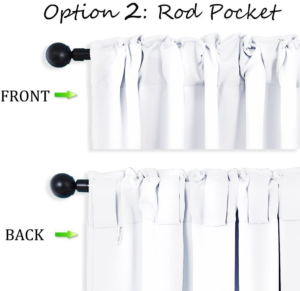 Detailed view of white rod pocket thermal insulated blackout curtains, showing front & back hanging styles for living room & bedroom.
