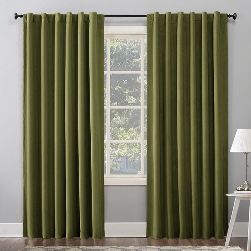 Two olive green thermal insulated blackout curtains, rod pocket & back tab style, 70 inch wide panels for living room bedroom.