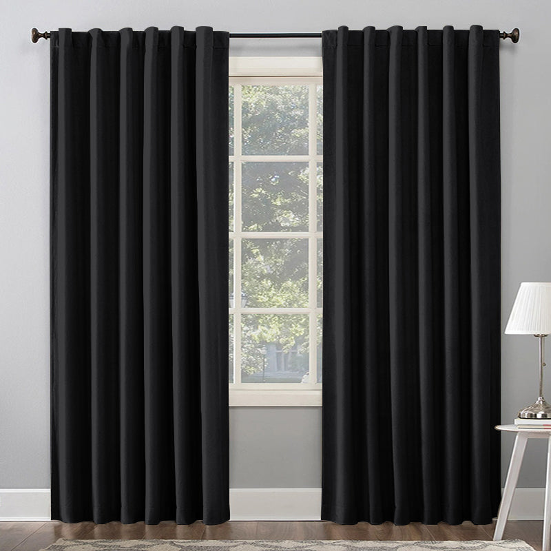 Two black 70-inch thermal insulated blackout curtain panels, rod pocket & back tab style, for living room or bedroom.