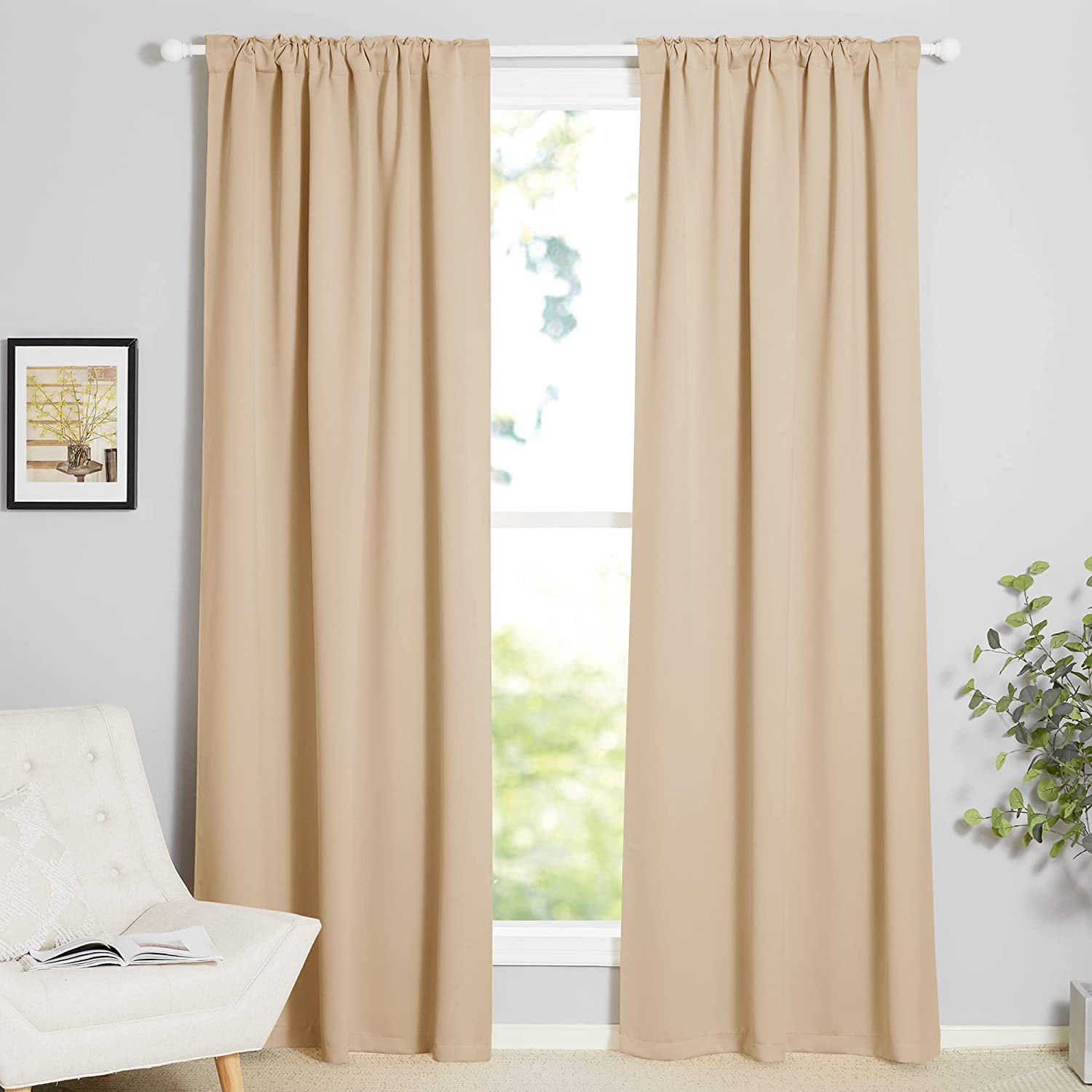 Two tan thermal insulated blackout curtains with rod pocket & back tab style, perfect for living room & bedroom privacy.