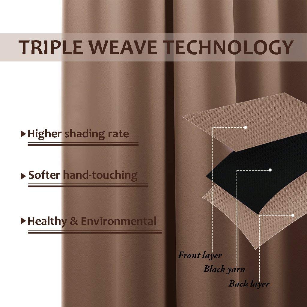 Exploded view of triple weave blackout curtain fabric, showing front, black yarn, & back layers for thermal insulation & shading.