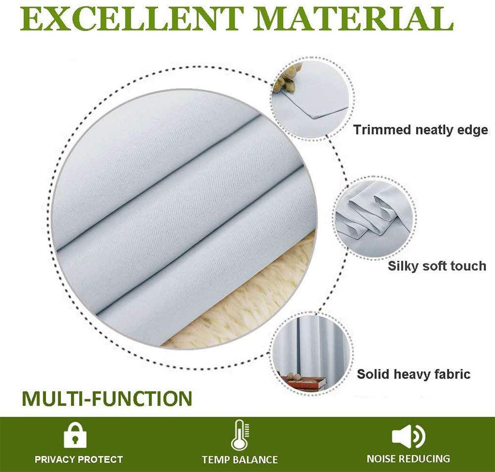 Thermal insulated blackout curtain fabric features: silky soft, neat edges, heavy. Provides privacy, temp balance, noise reduction.