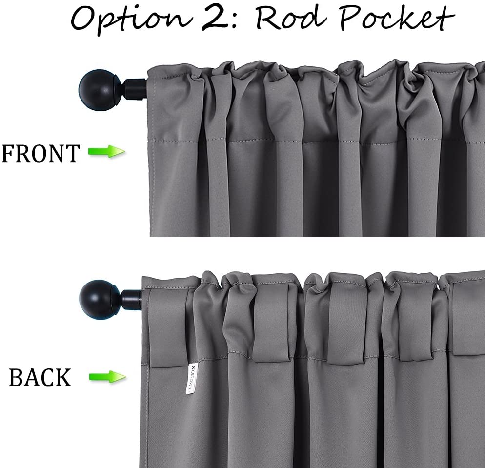 Gray thermal insulated blackout curtain panels, front rod pocket and back tab hanging options for living room & bedroom.