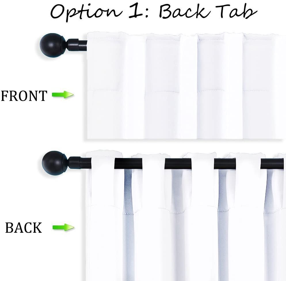 White thermal insulated blackout curtain displaying back tab hanging style, front & back views on a black rod for living room.