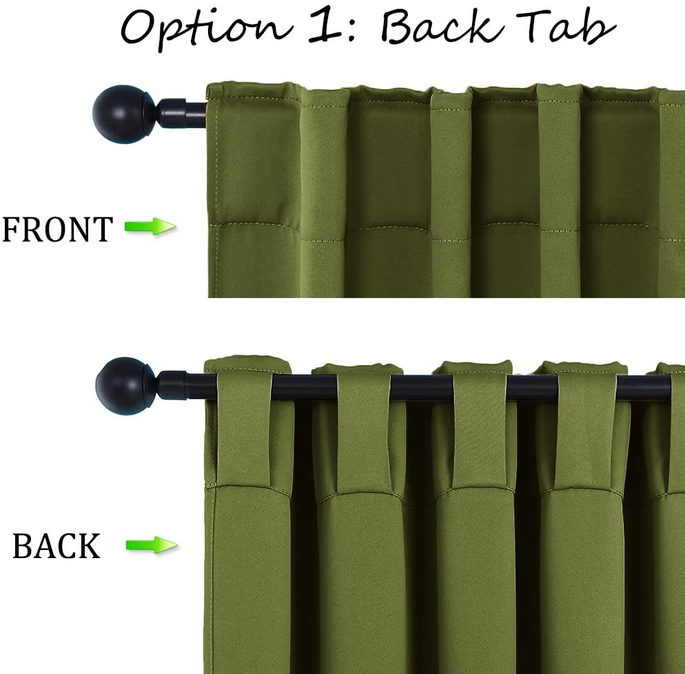 Olive green thermal blackout curtain hanging via rod pocket (front) and distinct back tabs on a black curtain rod.