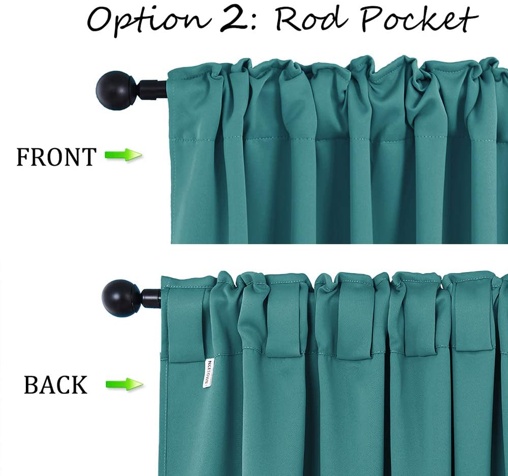 Teal thermal insulated blackout curtain panels, showing front rod pocket & back tab hanging styles for living room/bedroom.