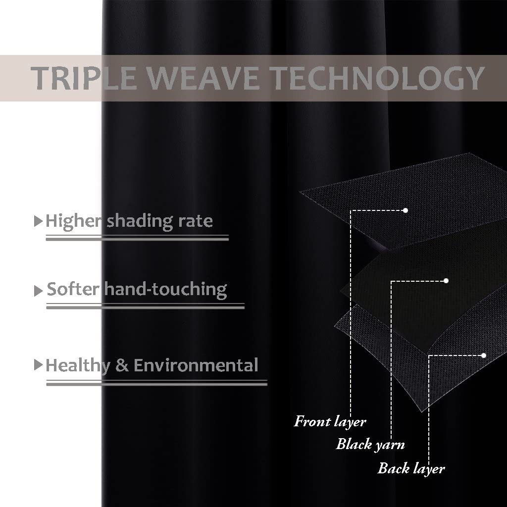 Triple weave blackout curtain technology diagram: front, black yarn, back layers for high shading, thermal insulation & soft touch.