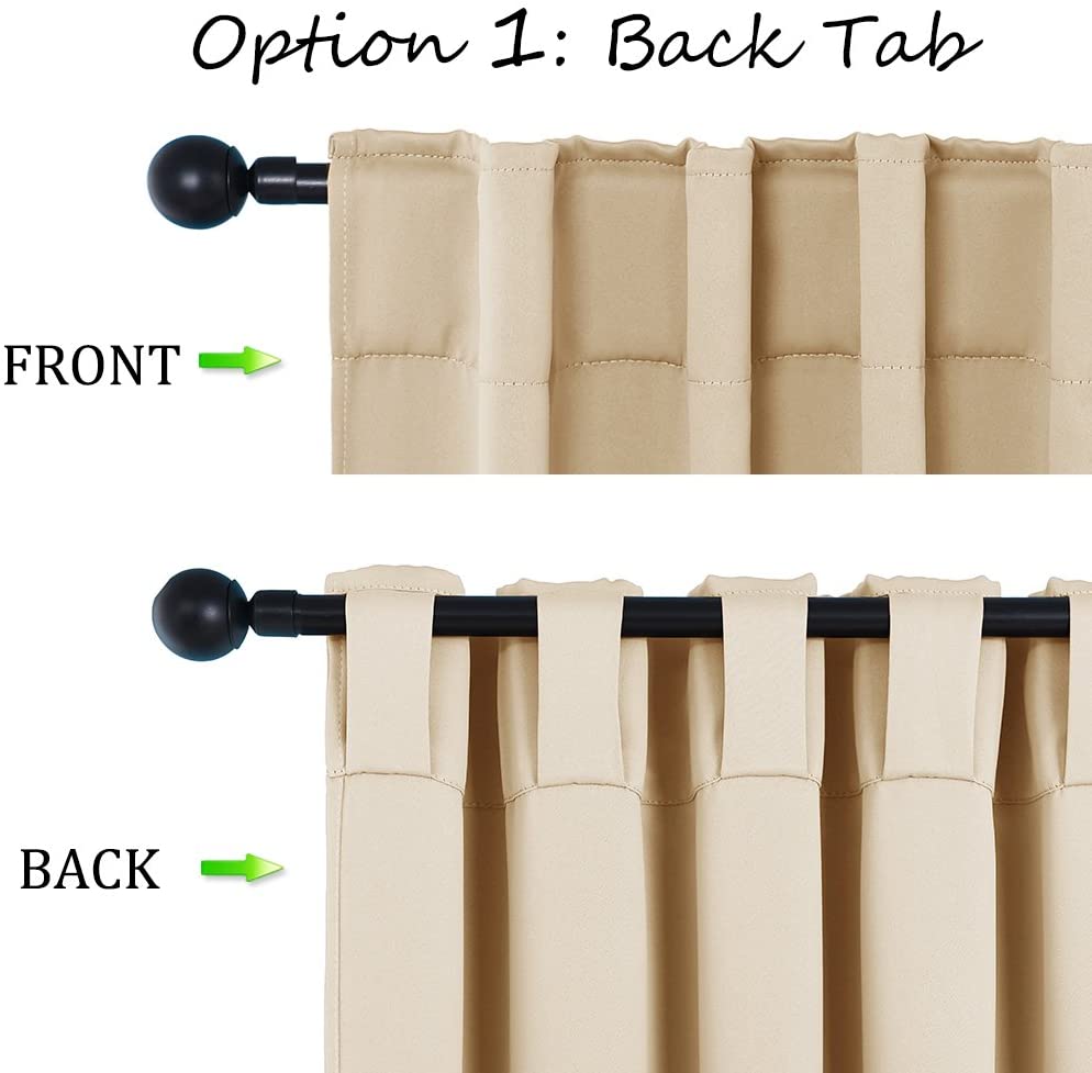 Detailed view of beige thermal blackout curtains demonstrating back tab hanging, showing both front (rod pocket look) and back panels on a rod.