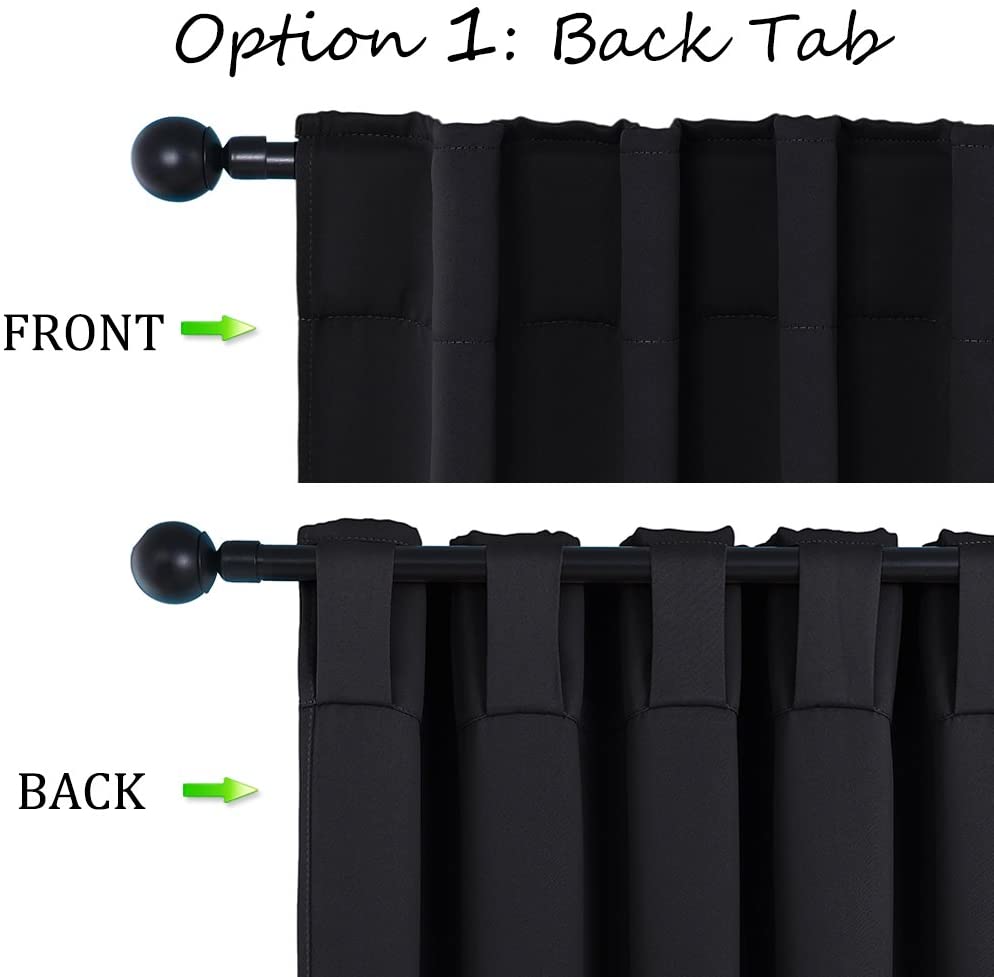 Black thermal insulated blackout curtain front & back views with back tab hanging style on a rod, ideal for living room.