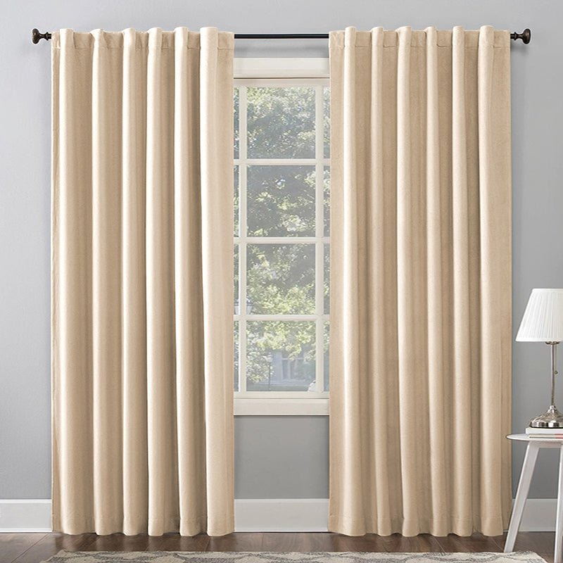 Two light tan Rod Pocket & Back Tab thermal insulated blackout curtains. Solid polyester panels for living room/bedroom.