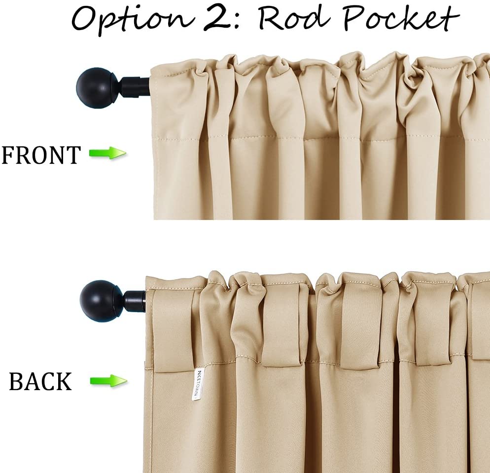 Front and back views of beige thermal insulated blackout curtains, showing rod pocket and back tab hanging options for living room & bedroom.