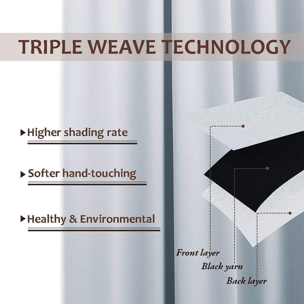 Diagram of triple weave technology for thermal insulated blackout curtains, showing front, black yarn, and back layers for superior shading.