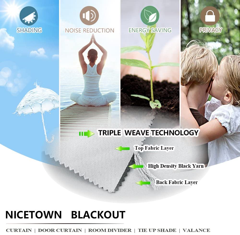 Triple weave blackout curtain technology illustrated: fabric layers, black yarn delivering shading, noise reduction, thermal, and privacy.