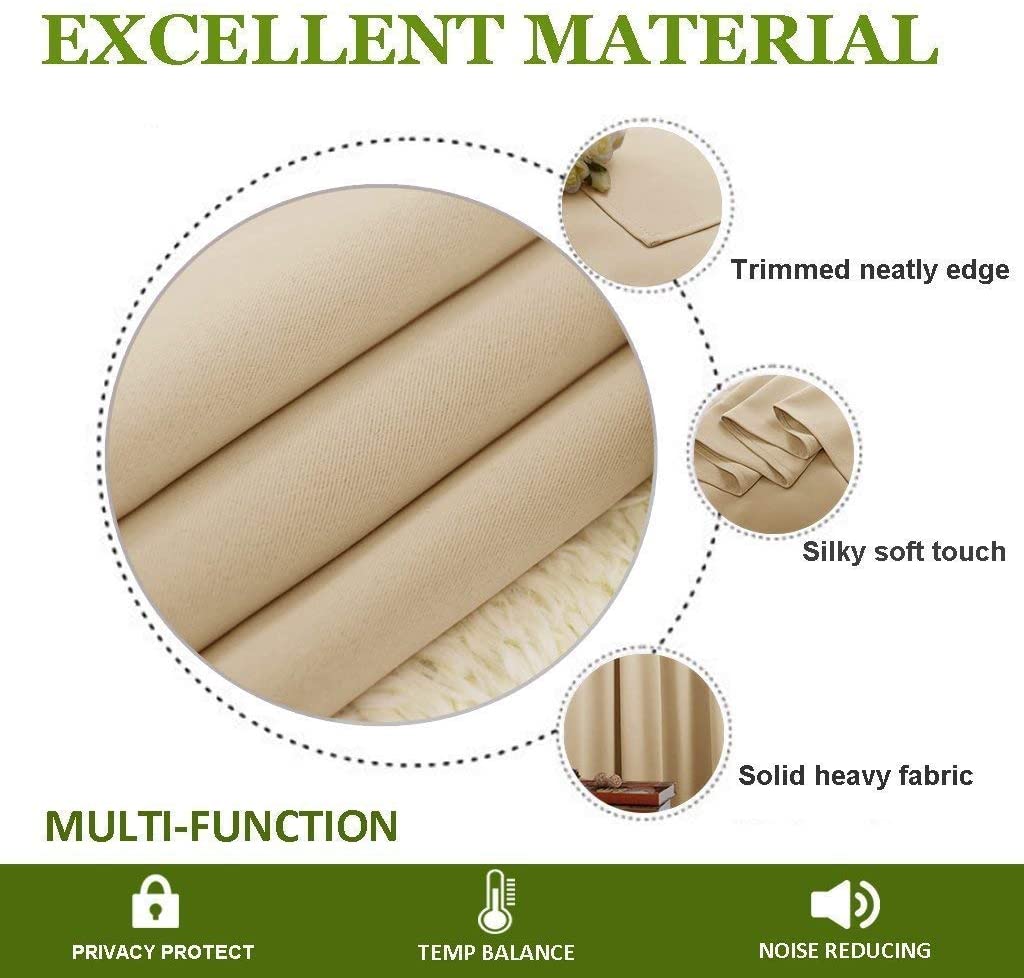 Close-up of beige thermal insulated blackout curtain fabric showcasing silky soft texture, neatly finished edges, and heavy durable material.