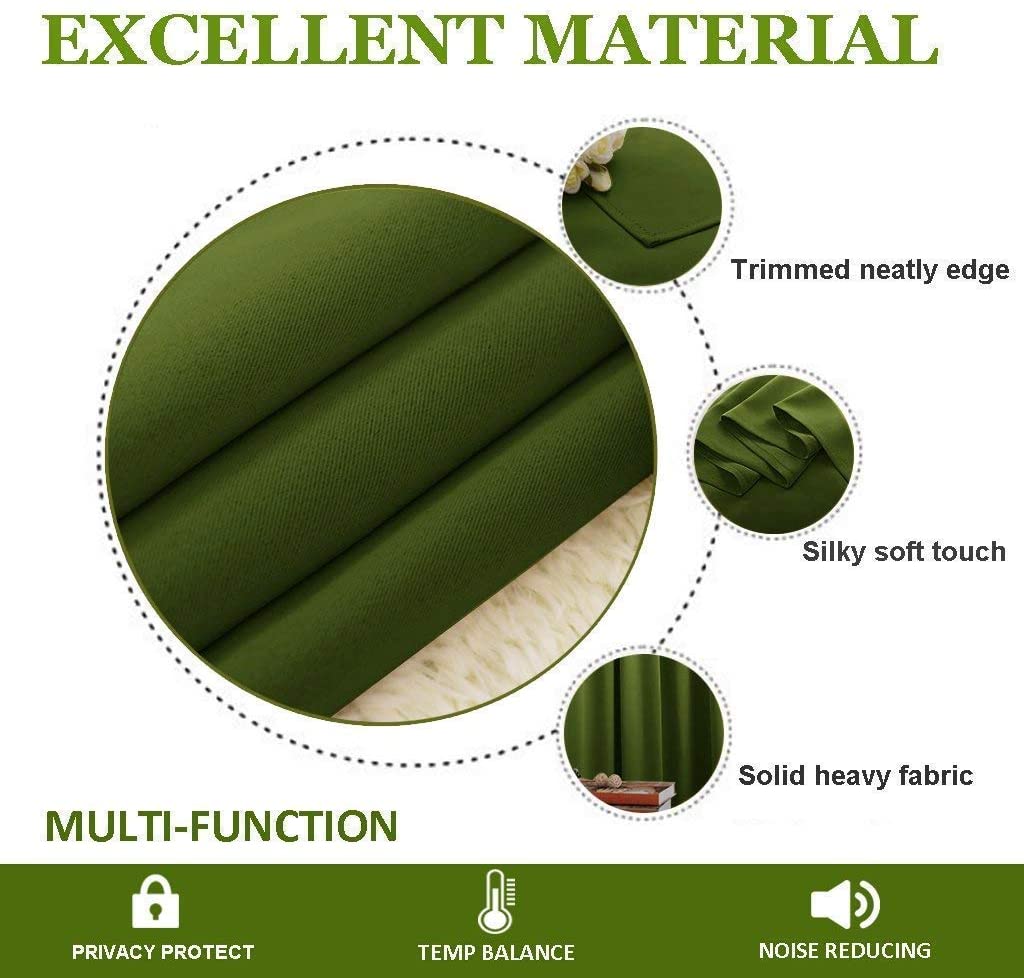 Green thermal blackout curtain fabric: neat edge, silky texture, heavy material. Provides privacy, temp balance, noise reduction.