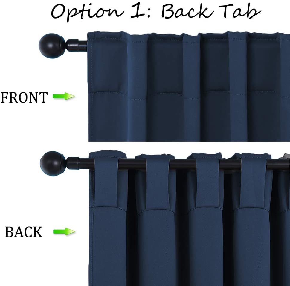 Navy blue back tab thermal insulated blackout curtain panel front and back views on a rod, showing hanging style.