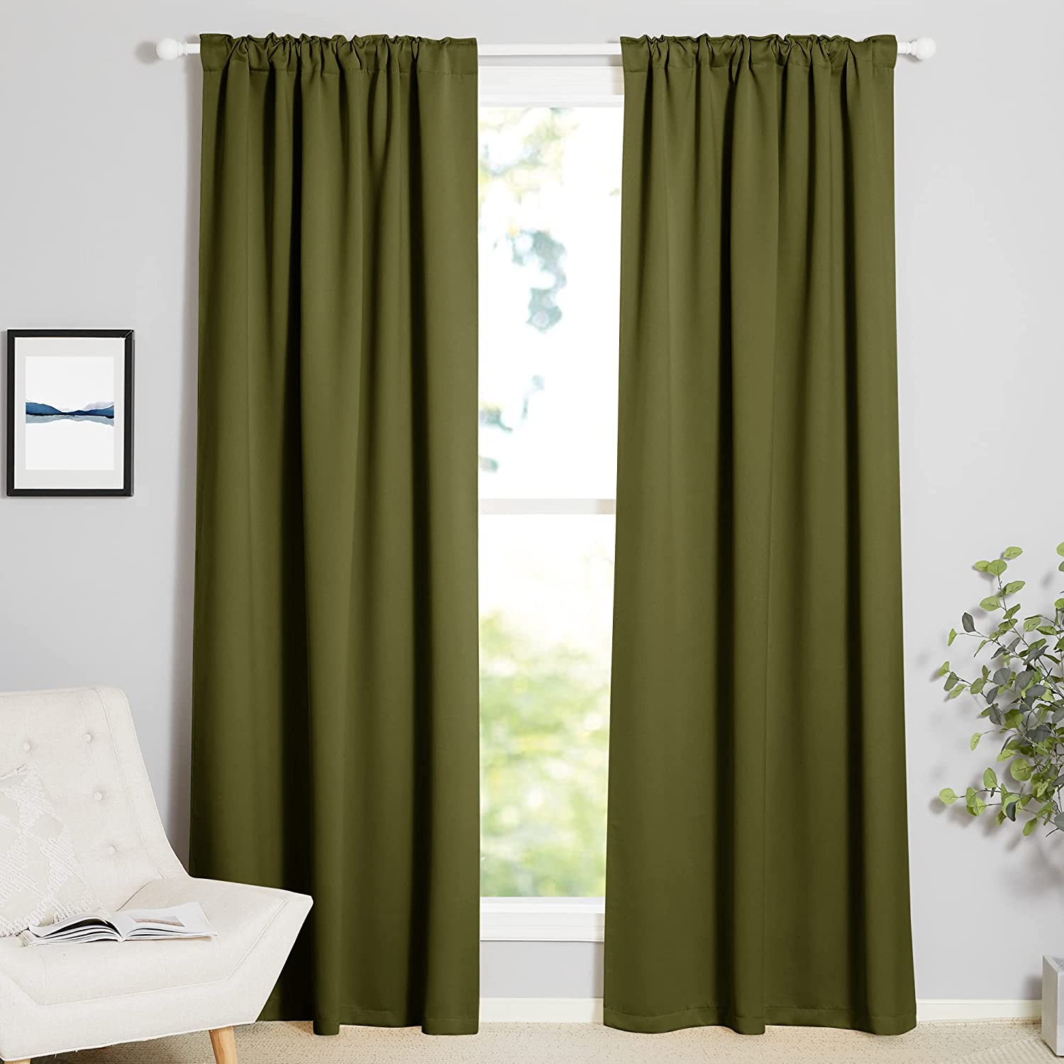 Two 70-inch olive green thermal insulated blackout curtain panels with rod pocket & back tab for living room/bedroom