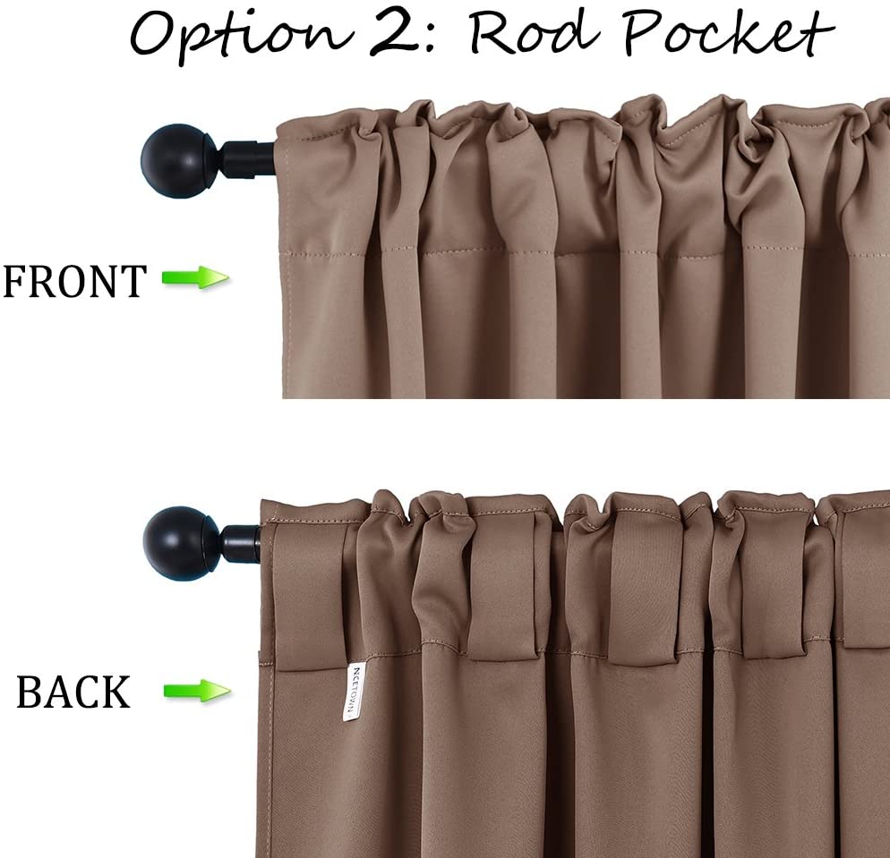 Detailed view of thermal insulated blackout curtain showing rod pocket front and hidden back tab hanging styles.