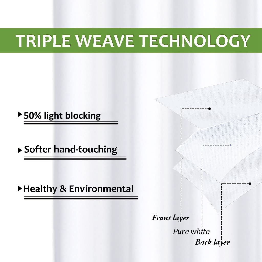 Triple weave technology fabric layers for thermal insulated blackout curtains, illustrating 50% light blocking, soft feel, and eco-friendly design.