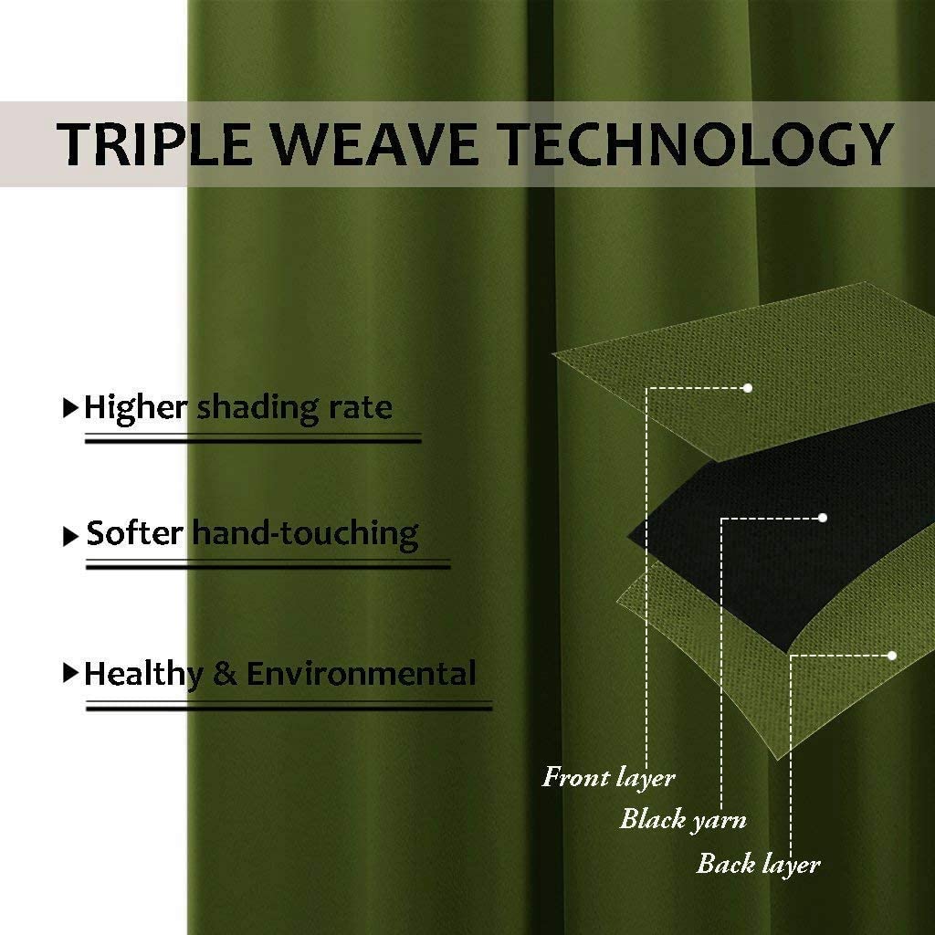 Diagram: olive green thermal insulated blackout curtain's triple weave technology with black yarn layer for high shading rate.