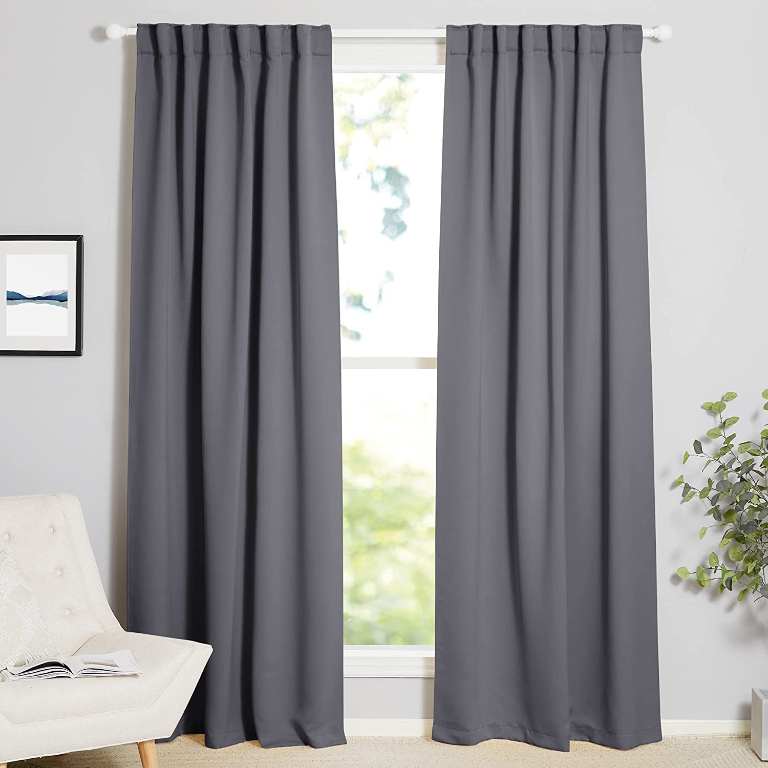Two 70-inch wide charcoal gray thermal insulated blackout curtains, rod pocket & back tab, for living room/bedroom.