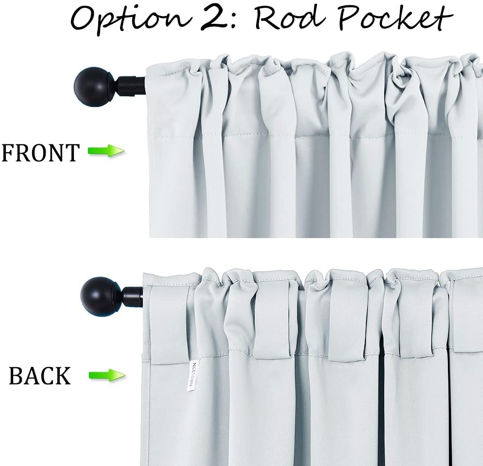 Light grey thermal insulated blackout curtain panel demonstrating rod pocket and back tab hanging styles.