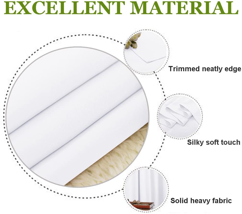 White thermal insulated blackout curtain fabric detail, highlighting neatly trimmed edges, silky soft touch, and solid heavy material.