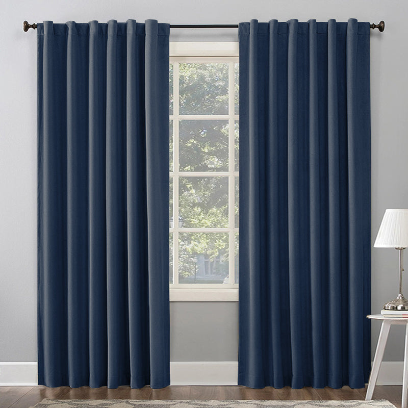 Navy blue thermal insulated blackout curtains (2 panels) with rod pocket & back tab style for living room bedroom window.