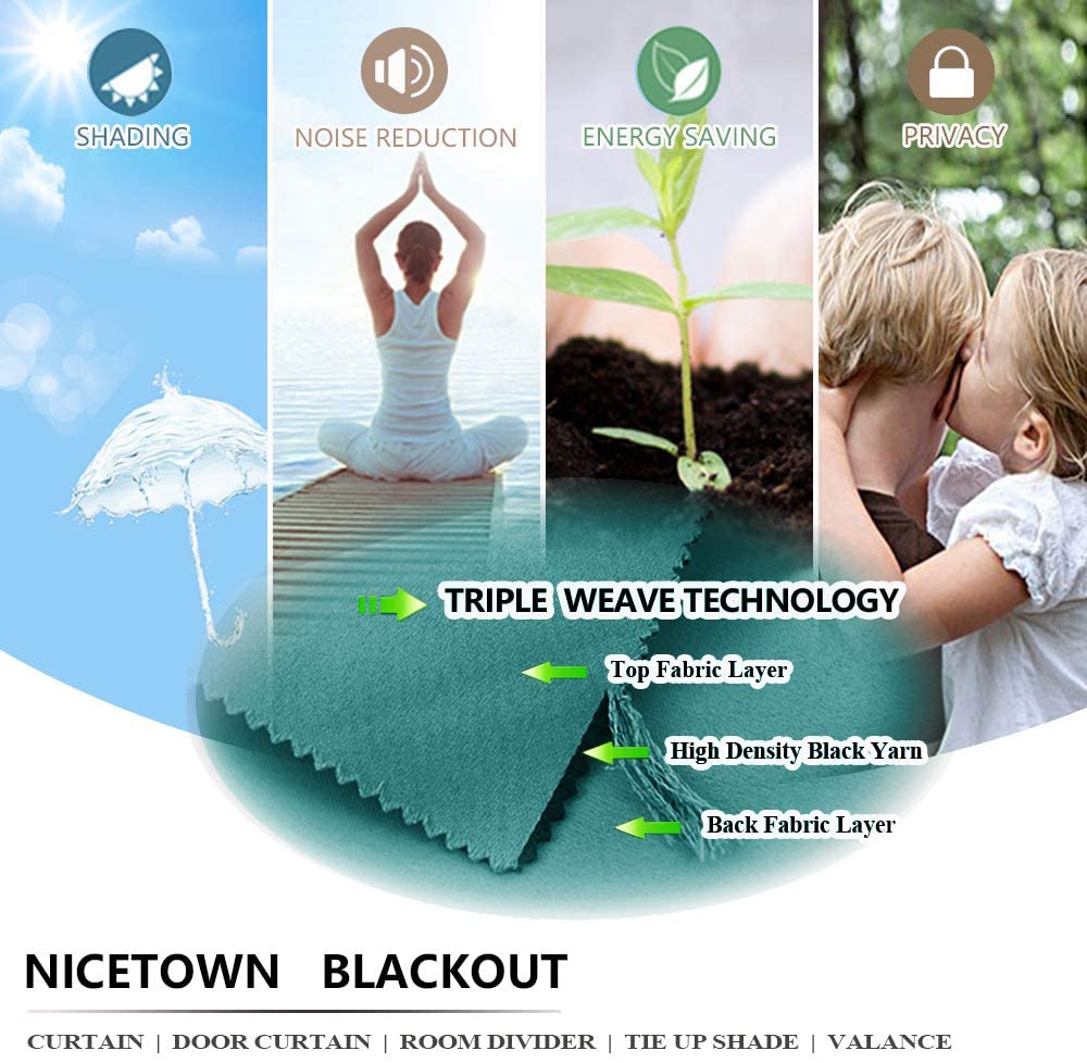 Triple weave thermal insulated blackout curtain benefits: shading, noise reduction, energy saving, privacy. Shows fabric layers & effects.